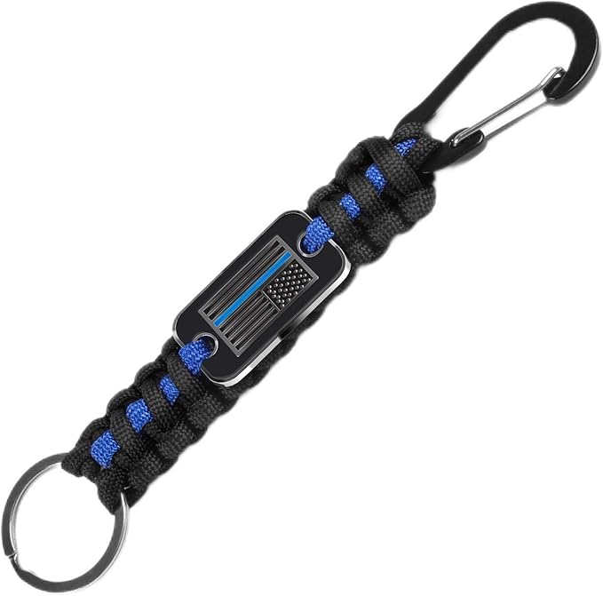 Short Thin Blue Line Paracord Keychain Neck Lanyard for Keys with Cool USA Flag Men Women
