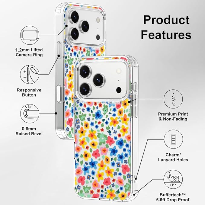 MOSNOVO for iPhone 17 Pro Case | Military Grade 6.6ft Drop Tested | Camera Control | Clear with Little Flowers Design