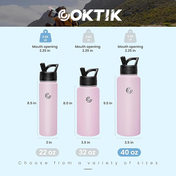 COKTIK 40oz Sports Water Bottle, Stainless Steel Water Bottle for Insulated, Reusable Travel Bottle, With Straw, With Handle Grip for Easy Carrying, Suitable for Cycling, Outdoor Vacations(Blush)
