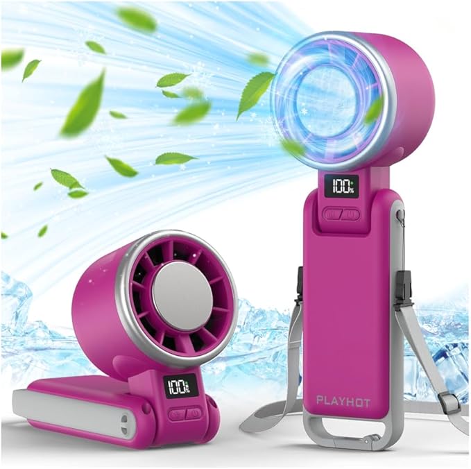 PlayHot Portable Handheld Turbo Fan with Ice Cooling, Rechargeable Personal Fan, Up tp 12Hrs Cooling, 5 Speed 25550RPM Powerful Portable Fan for Travel, Outdoor, Camping, Hiking (Magenta)