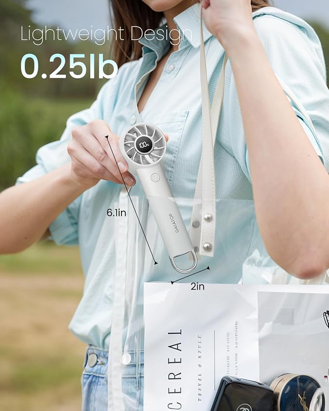 Gaiatop Portable Mini Fan, 3 Speed Handheld Fans with Power Display Flashlight, USB Rechargeable Battery, Lightweight Personal Cooling for Women Men Indoor Outdoor Travel White
