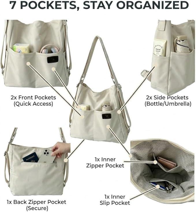 Women's Convertible Backpack Purse - Water-Resistant Nylon Travel Bag - Large Capacity 3-Way Shoulder Tote & Daypack
