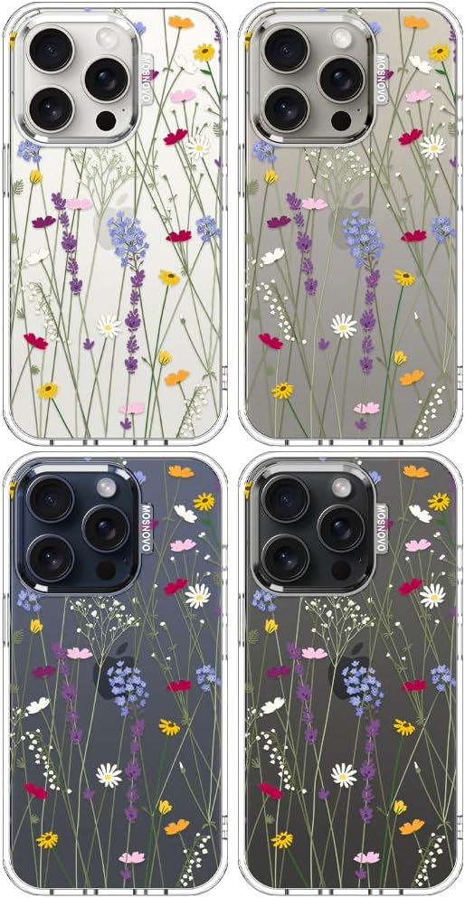 MOSNOVO Case for iPhone 15 Pro, [Buffertech 6.6ft Military-Grade Drop Protection] [Anti Peel Off Tech] Clear TPU Bumper Phone Case Cover Design - Floral Garden