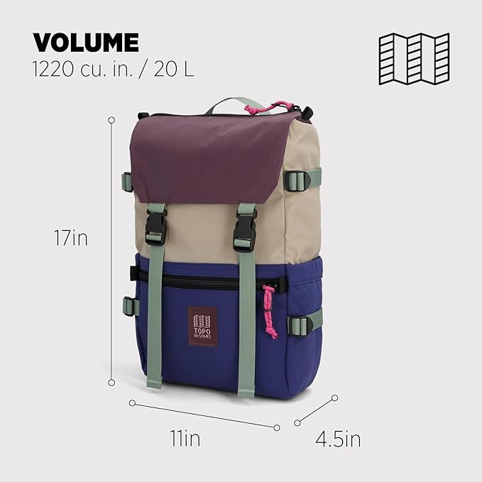 Topo Designs Rover Pack Classic - Laptop Tablet Daypack for Commutes, Day Trips, Hikes, Iconic Denver Design, PFAS-Free, Fair Trade, BlueSign Backpack (Cobblestone/Aura)