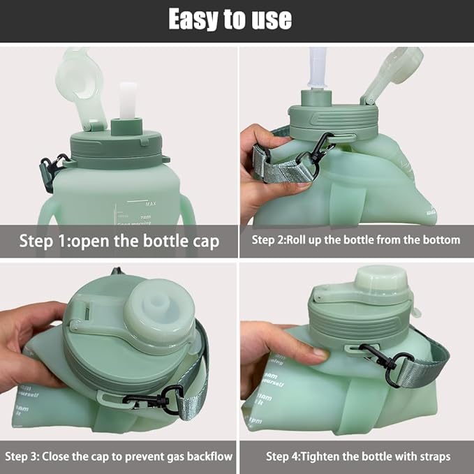 64oz Foldable Silicone Water Bottle with Straw, BPA-Free Motivational Time Marker, Leakproof Collapsible Water Jug with Handle for Gym, Sports, Camping & Outdoor Activities (Green)