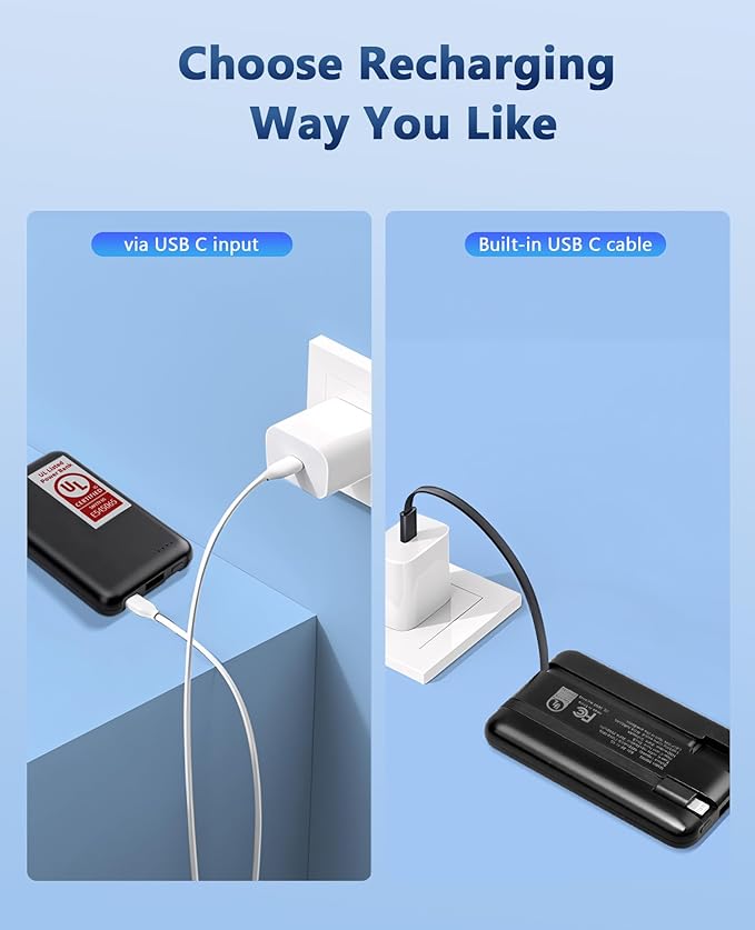 Miady 2-Pack UL Listed Small Portable Charger, 5000mAh Slim Power Bank Built-in 2 Cables Compatible with iPhone 17/16/15/14/13 Galaxy S24/S22 etc (2 Black)