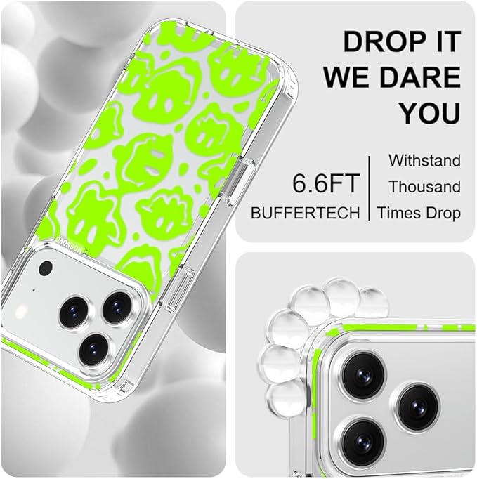 MOSNOVO for iPhone 17 Pro Case | Military Grade 6.6ft Drop Tested | Camera Control | Clear with Distorted Green Smiles Face Design