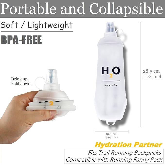 Collapsible TPU Soft Flask 500ml Leakproof Hydration Bottle with High-Flow Bite Valve for Running, Hiking, Cycling & Climbing, Lightweight Foldable Water Bottle (2 pcs 500ml)