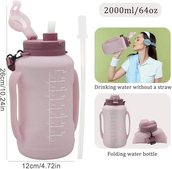 64oz Foldable Silicone Water Bottle with Straw, BPA-Free Motivational Time Marker, Leakproof Collapsible Water Jug with Handle for Gym, Sports, Camping & Outdoor Activities (Pink)