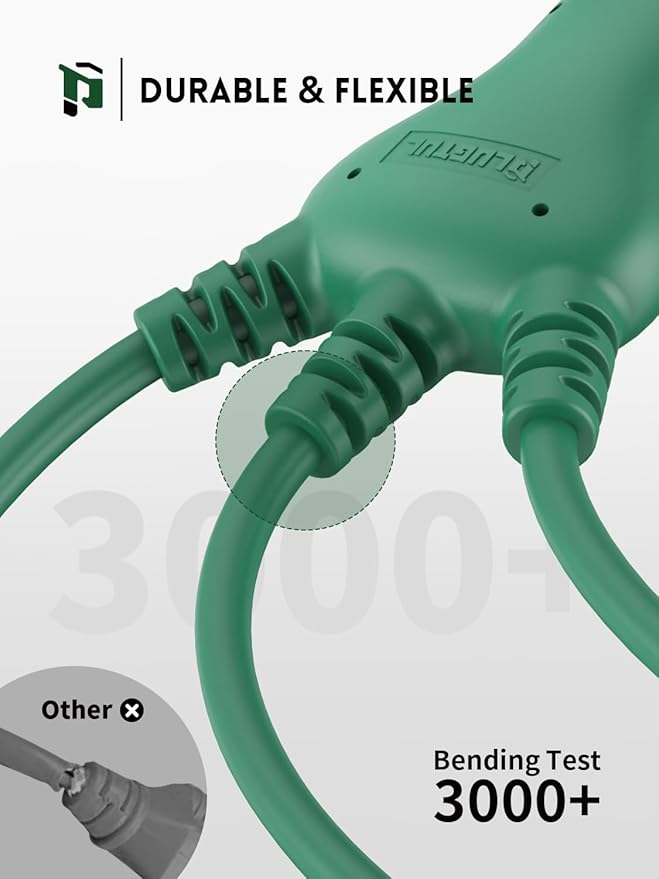 PLUGTUL 27FT Outdoor Extension Cord with Multiple Outlets, 1 to 3 Splitter Max 15FT End to Male Plug (Total 27FT) 16/3 SJTW Waterproof Power Cord for Halloween Christmas, ETL Listed, Green
