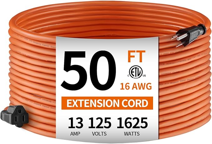 KTMC 50ft 16AWG Outdoor Extension Cord, Indoor/Outdoor 50-Foot SJTW 16/3 Gauge Extension Cable with Durable Weatherproof PVC Vinyl Jacket, 3-Prong Grounded Plug, ETL Certified 13A 1625W, Orange