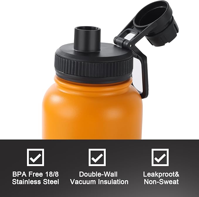Navigate 32 oz Insulated Stainless Steel Sports Water Bottle with Spout & Handle Lids,Wide Mouth Water Jug with Double Walled Leak Proof Keep Cold for 24 Hrs Hot for 12 Hrs, Orange