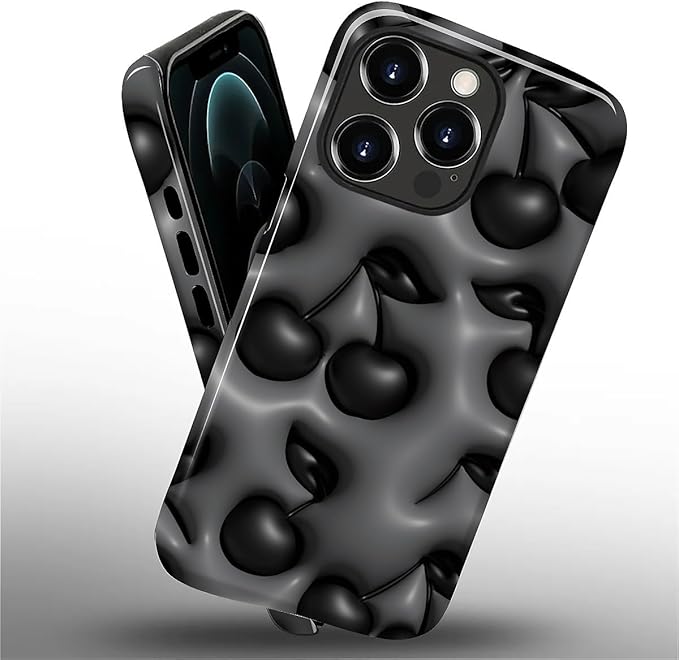 for iPhone 12 Pro Max Case,HL2 Cute Cool Cherry Black Hybrid 2 Layer Hard Shell Silicone Protective Pattern Design Case