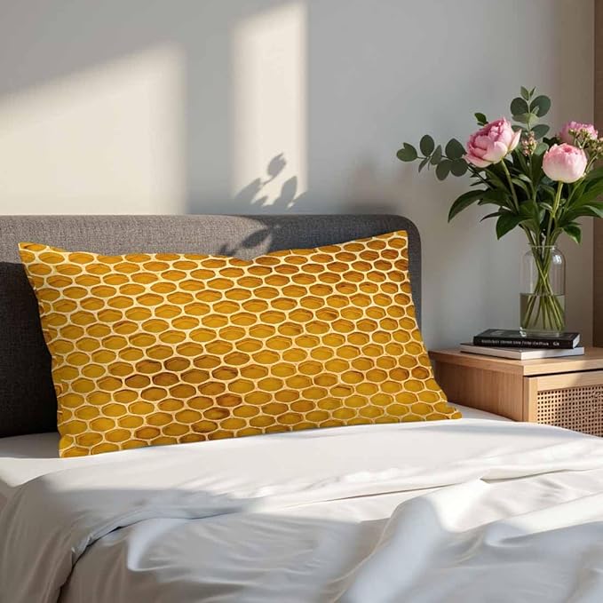 Bee Honeycomb Throw Pillow Covers 12 X 20 Yellow Honey Abstract Set of 2 Pillow Cases Rectangular Velvet Outdoor Pillowcases Decorative for Home Bed Sofa Couch Hotel