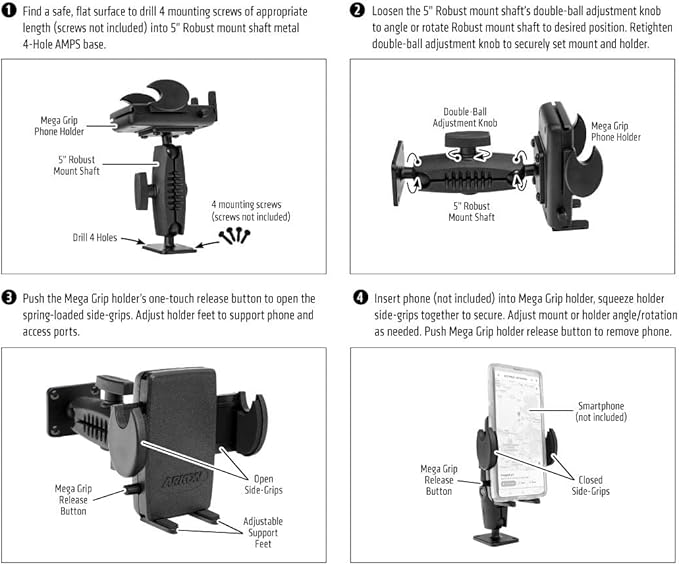 ARKON Mounts Drill-Base Mega Grip Phone Mount | Universal Phone Fit | 360° Adjustable Angle | Flat Surface AMPS Mounting | Compatible with iPhone, Galaxy, Note, Pixel, and More | SM4RM2XMAMPS
