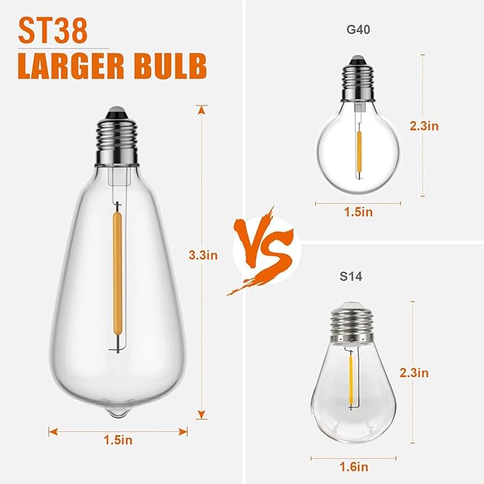 10FT Outdoor String Lights - Waterproof LED Patio Lights Shatterproof ST38 Edison Bulbs, Connectable Hanging Outdoor Vintage Lights for Indoor Backyard Yard Gazebo Porch Party Decor