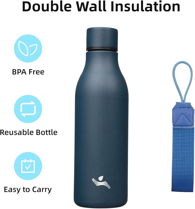 Konokyo Insulated Water Bottle with Strap,18 oz Double Wall Stainless Steel Vacuum Bottles Metal Water Flask,Navy Blue