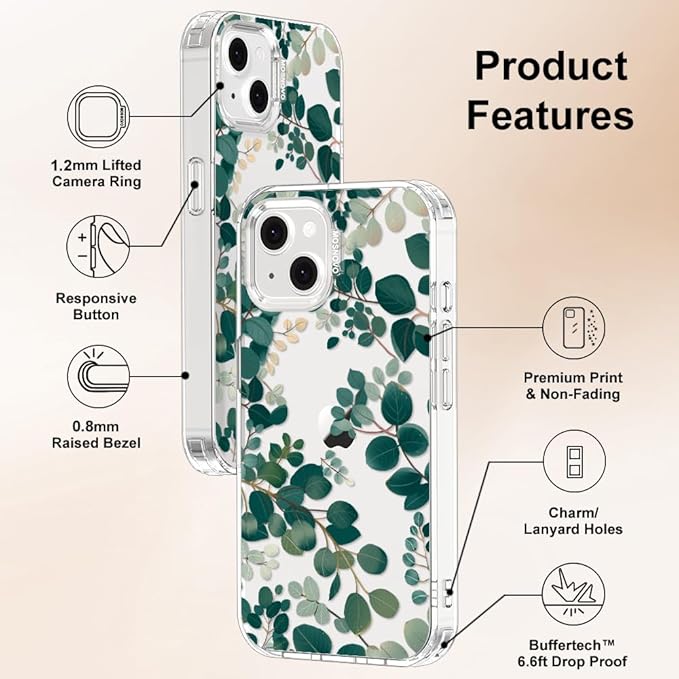 MOSNOVO for iPhone 13/14 Case | Military Grade 6.6ft Drop Tested | Clear with Eucalyptus Design