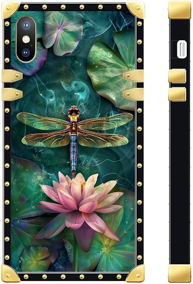 Compatible with iPhone XR Case, Colourful Dragonfly Pink Lily Pads Luxury Golden Decoration for Girl Women Soft TPU Shockproof Protective Hard PC Back for iPhone XR