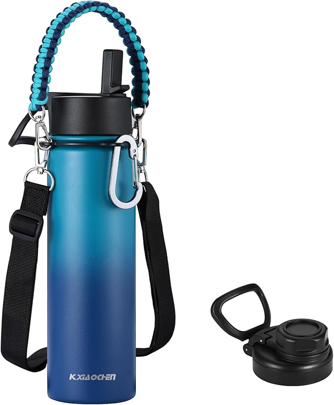 KXIAOCHEN Insulated Water Bottle, Stainless Steel Water Bottle, 2 Lids (Straw and Handle Lid),Wide Mouth Metal Water Bottles Keep Hot and Cold, Double Walled, Thermo Mug, Metal Canteen