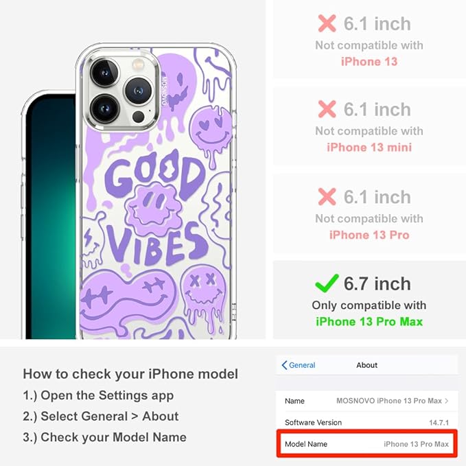 MOSNOVO Case for iPhone 13 Pro Max, [Buffertech 6.6ft Military-Grade Drop Protection] [Anti Peel Off Tech] Clear TPU Bumper Phone Case Cover Design - Good Vibes