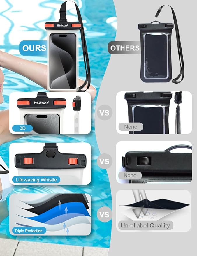 wellhouse Waterproof Phone Pouch, Waterproof Phone Case for iPhone 17 16 15 14 13 Pro Max XS Samsung, IPX8 3D Cellphone Dry Bag Beach Essentials (1 Pack - Black/Red Clasp7.0, 7 inch)