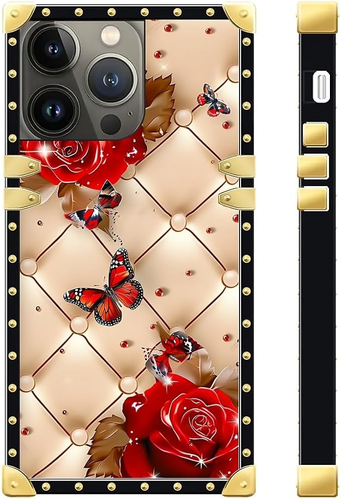 Compatible with iPhone 13 Pro Max Case, Shining Red Rose Butterfly Leather Background Luxury Golden Decoration for Girl Women Soft TPU Shockproof Protective Hard PC Back