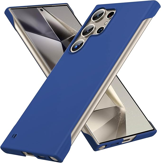GRECAZO Slim Borderless for Samsung Galaxy S24 Ultra Phone Case 6.8"(2024) Ultra-Thin Lightweight Frameless Matte Hard PC Cover Case with Pull Ring Minimalist Non Slip Rope-Blue