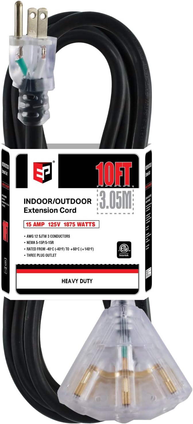 EP 10 Ft Lighted Outdoor Extension Cord with 3 Electrical Power Outlets - 12/3 SJTW Heavy Duty Black Extension Cable with 3 Prong Grounded Plug for Safety, UL Listed