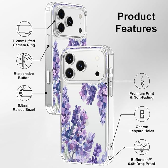 MOSNOVO for iPhone 17 Pro Case | Military Grade 6.6ft Drop Tested | Camera Control | Clear with Lavender Design