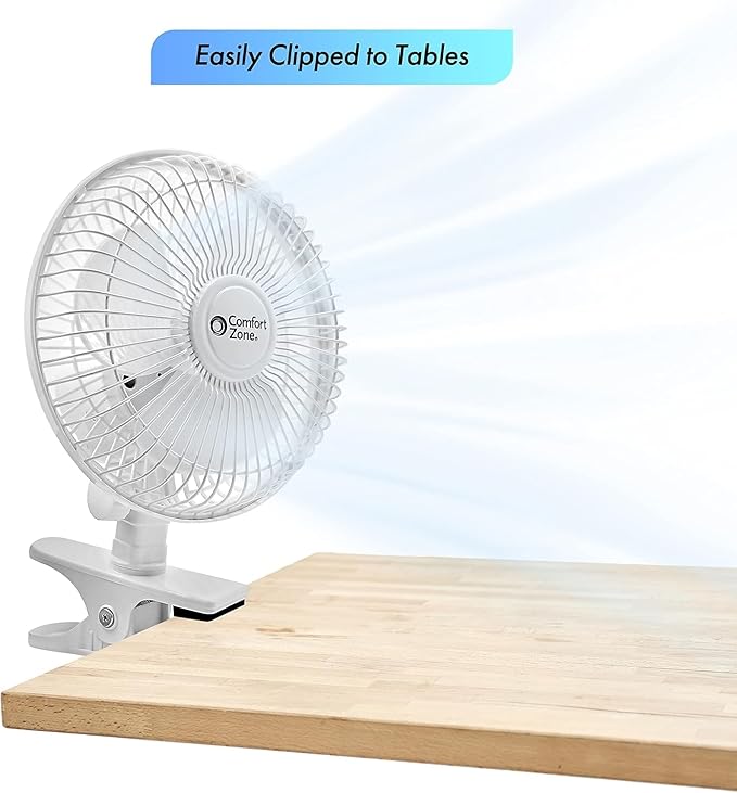 Comfort Zone 6-Inch Corded Clip-On Personal Fan – 2-Speed Quiet Desk Fan with 360° Rotation, Fully Adjustable Tilt & Secure Strong Clamp – Mini Air Circulator for Desks, Bedside & Office