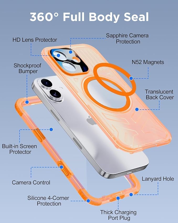 for iPhone 17 Waterproof Case with Magsafe, Built-in [Camera & Screen Protector] [Lanyard], IP68 Water Proof Full Body Dustproof Heavy Duty Frosted Protective Phone Cover, 6.1" Orange