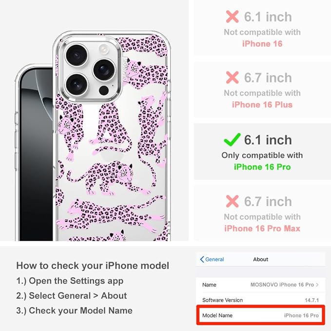 MOSNOVO Case for iPhone 16 Pro, [Buffertech 6.6ft Military-Grade Drop Protection] [Anti Peel Off Tech] Clear TPU Bumper Phone Case Cover Design - Pink Leopard