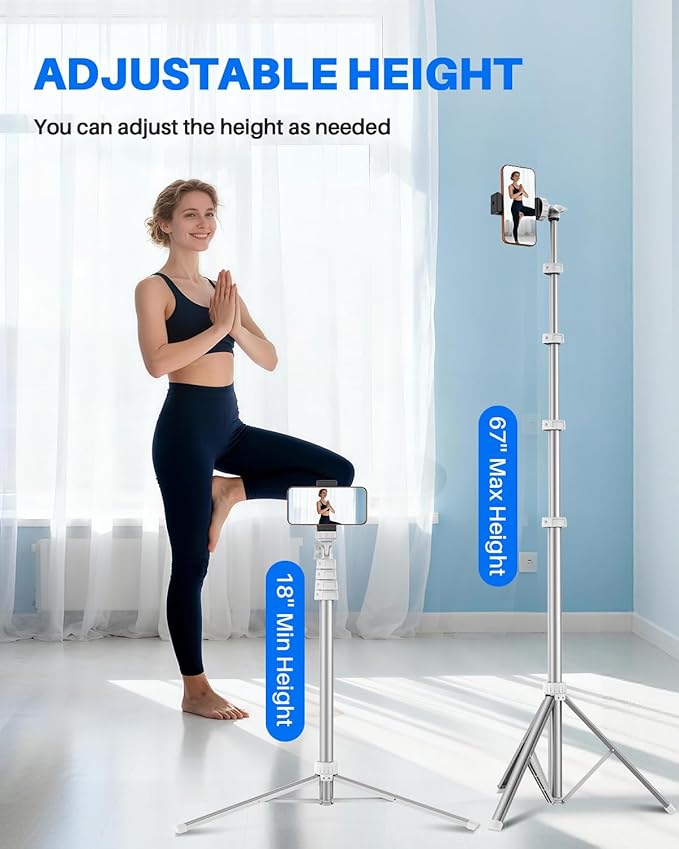 67" Phone Tripod, MIIASI Extendable Tripod for iPhone, Selfie Stick with Remote and Phone Holder, Compatible with iPhone/Android/Camera, Light Stand (Silver)