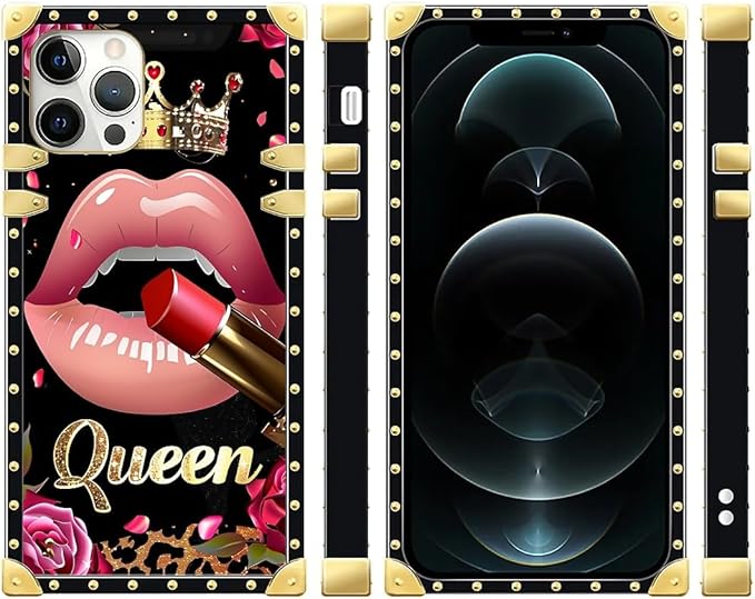 Compatible with iPhone 12 Pro Max Case, Glitter Red Rose Queen Leopard Lipstick Luxury Golden Decoration for Girl Women Soft TPU Shockproof Protective Hard PC Back