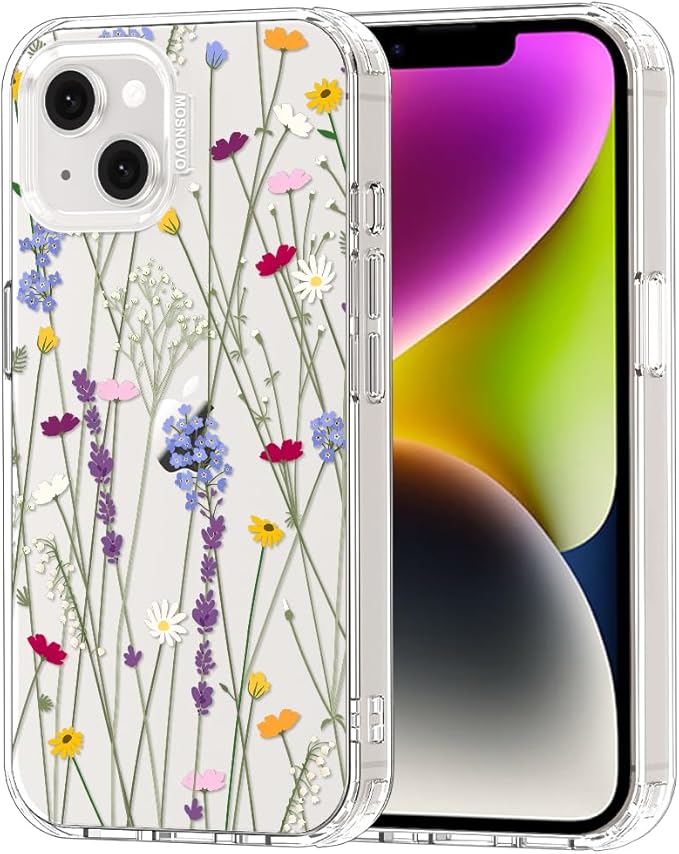MOSNOVO for iPhone 13/14 Case | Military Grade 6.6ft Drop Tested | Clear with Floral Garden Design