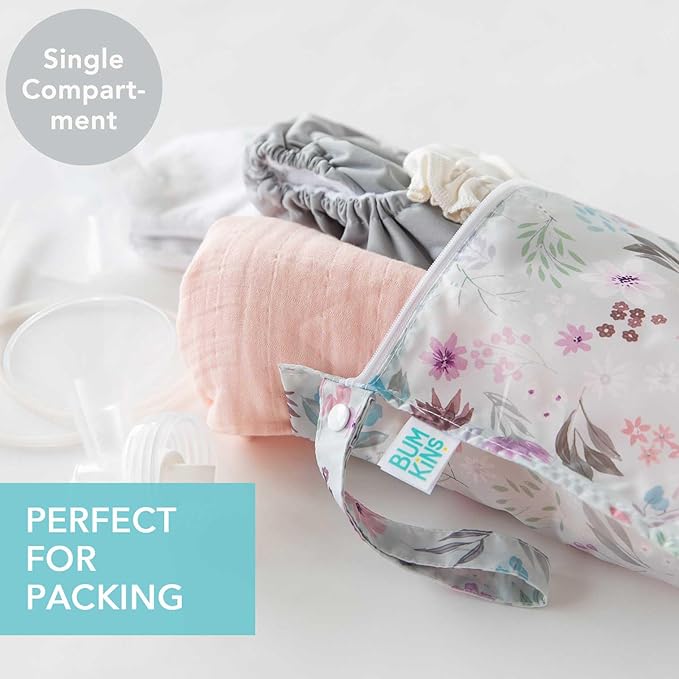 Bumkins - Waterproof Wet Bag - For Baby, Travel, Swim Suit, Cloth Diapers, Pump Parts, Pool, Gym, Toiletry, Strap to Stroller - Reusable & Easy to Clean - 2pk - Floral Gray