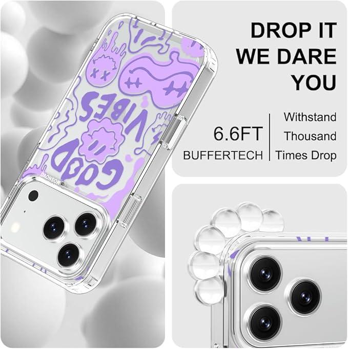 MOSNOVO for iPhone 17 Pro Case | Military Grade 6.6ft Drop Tested | Camera Control | Clear with Good Vibes Design