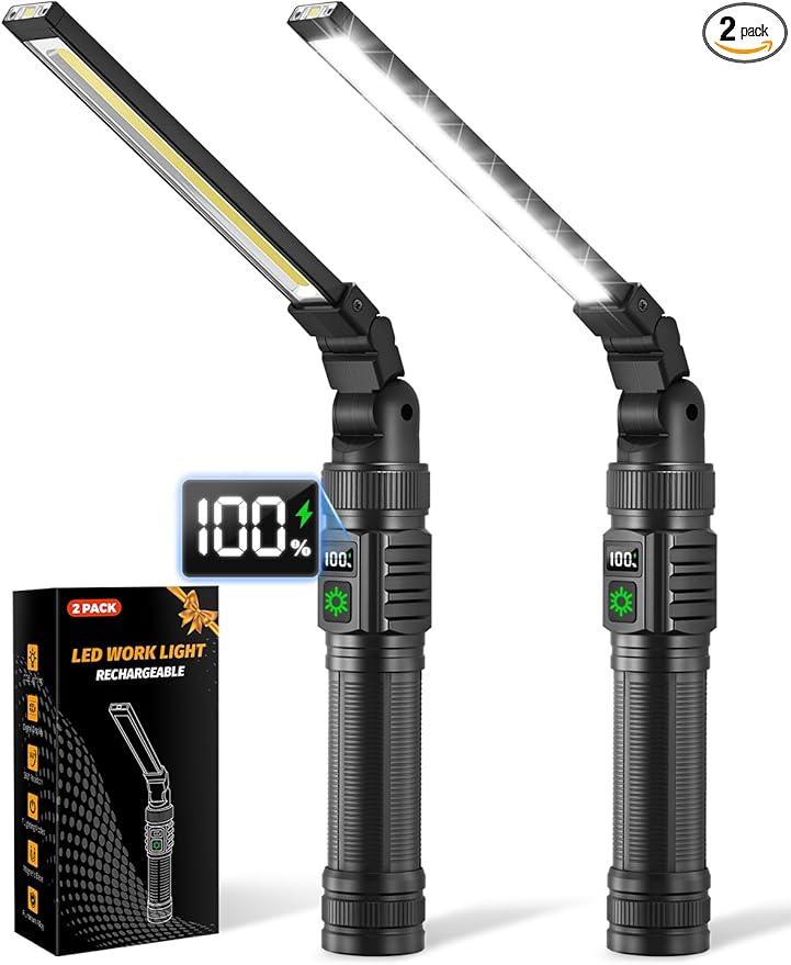 2Pack Magnetic Work Light, All Aluminum & 1500 High Lumens Rechargeable LED Work Light, 7 Mode & 360° Rotation Mechanic Light, Rechargeable Flashlight for Car Repairing, Fathers Day Dad Gifts