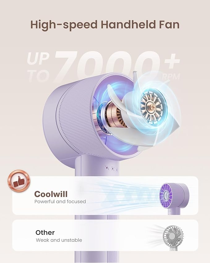Portable Mini Handheld Turbo Fan, 4 Speed High Velocity Personal Cooling Device [Max 16H], Rechargeable Purse Travel Essential for Vacation/Beach/Trip - Purple