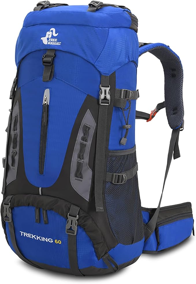Bseash 60L Hiking Camping Backpack with Rain Cover, Waterproof Large Capacity Outdoor Sport Travel Daypack Climbing Touring (Blue)