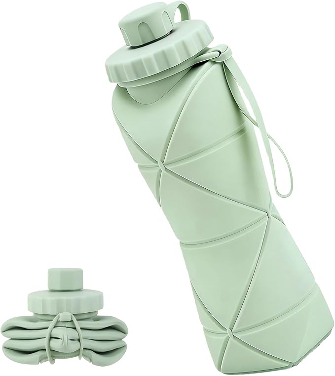 Collapsible Travel Water Bottle 20oz (600ml), BPA-Free, Foldable Silicone Lightweight Reusable Water bottle with Leak-Proof Lid & Lanyard, Portable for Travel Cycling Gym Camping (Green)