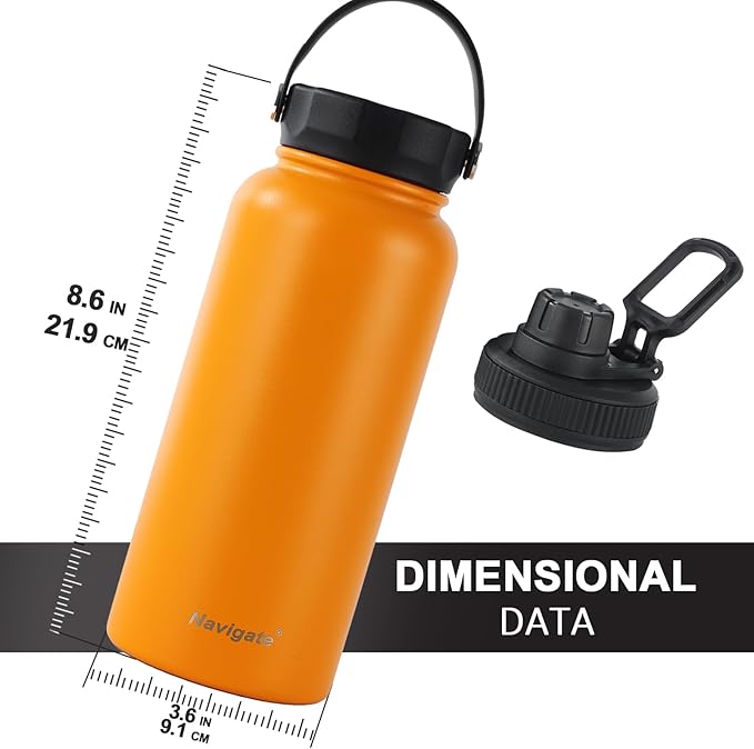 Navigate 32 oz Insulated Stainless Steel Sports Water Bottle with Spout & Handle Lids,Wide Mouth Water Jug with Double Walled Leak Proof Keep Cold for 24 Hrs Hot for 12 Hrs, Orange