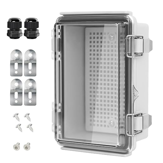 LeMotech Electrical Box, IP67 Waterproof Hinged Clear Cover Stainless Steel Latch Junction Box, ABS Plastic Electrical Enclosure with Mounting Plate,Wall Brackets, Cable Glands,5.9"x3.9"x2.8",Grey