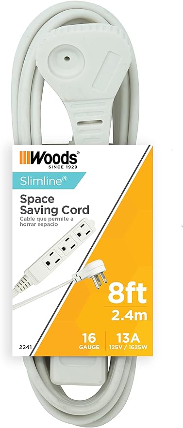 Woods SlimLine Indoor Flat Extension Cord, 8 Ft, 16 Gauge Right Angle Plug, 3 Polarized Outlets, 125 Volts, White, 2241