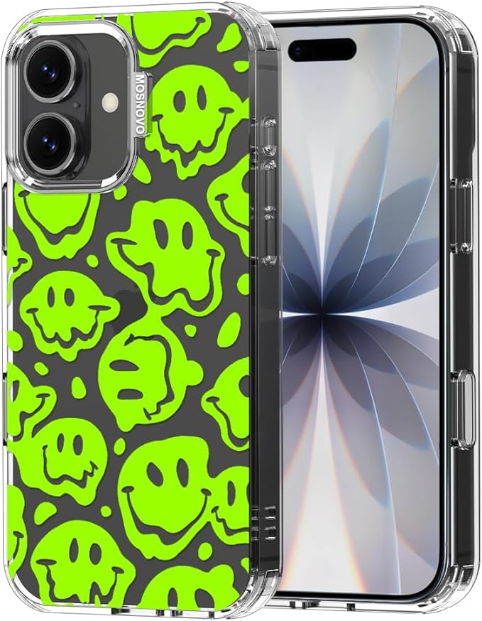 MOSNOVO for iPhone 17 Case | Military Grade 6.6ft Drop Tested | Camera Control | Clear with Distorted Green Smiles Face Design