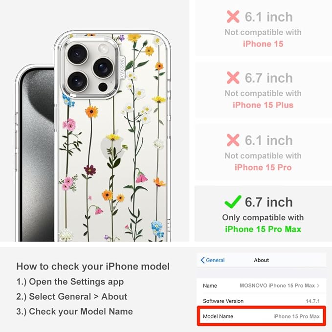 MOSNOVO Case for iPhone 15 Pro Max, [Buffertech 6.6ft Military-Grade Drop Protection] [Anti Peel Off Tech] Clear TPU Bumper Phone Case Cover Design - Wildflowers