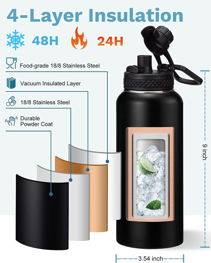 BENZZO 32/40/64/128oz Water Bottle with Straw Auto Spout Lid Keep Cold 48h, Insulated Water Bottles 32 oz with Strap Carrier, Protective Boot & Paracord Handle