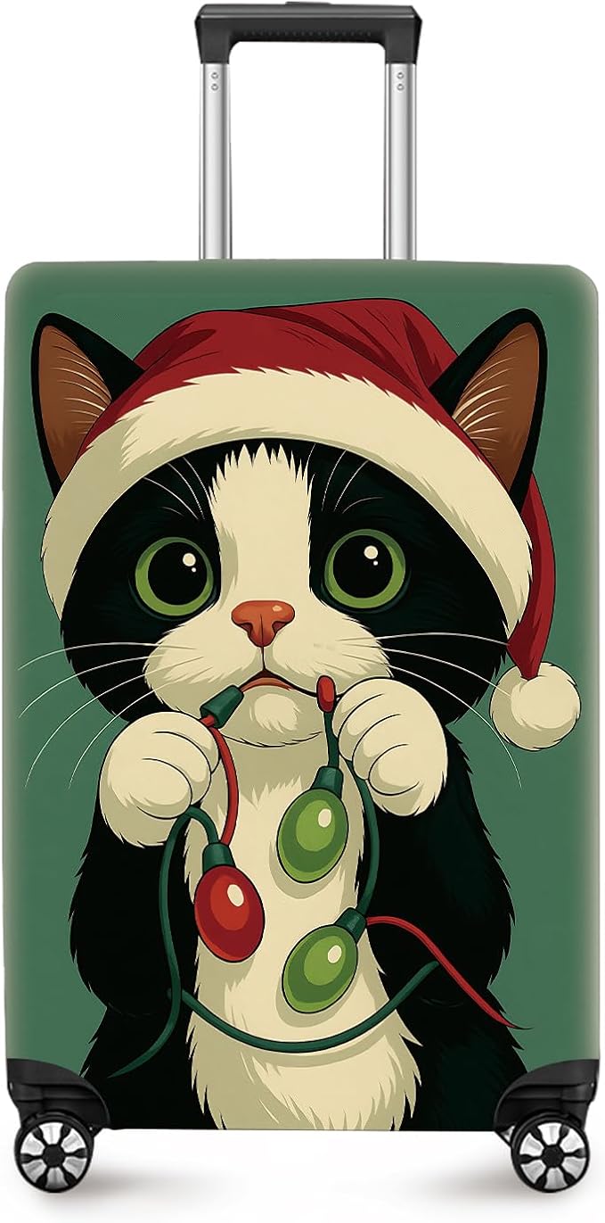 ANNA QUEEN Christmas Cat Luggage Cover, Cute Santa Cat with Light String Suitcase Protector, Stretchable Washable Travel Sleeve for 24-26 Inch Luggage