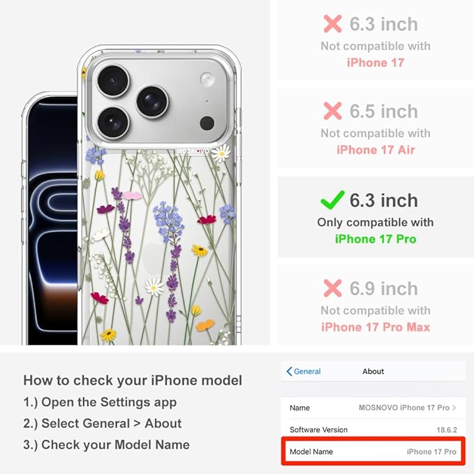 MOSNOVO for iPhone 17 Pro Case | Military Grade 6.6ft Drop Tested | Camera Control | Clear with Floral Garden Design